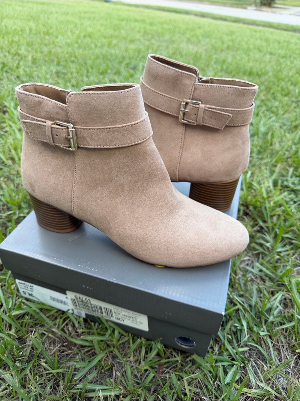 Style & co Suede Buckle Ankle Booties in Taupe